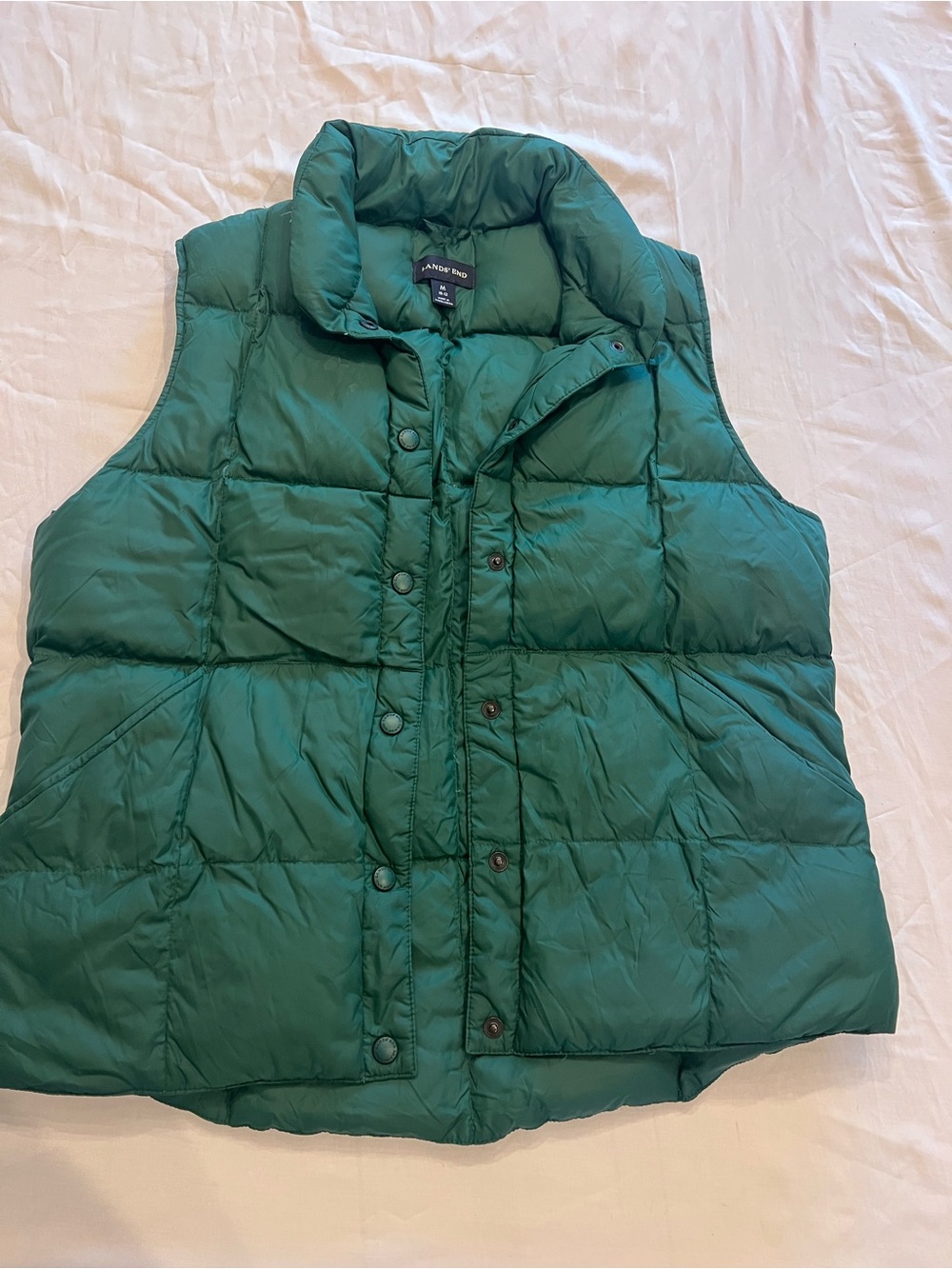 Lands' End Women’s Green Puffer Vest Down Insulated Snap Pockets M Outdoor Fall